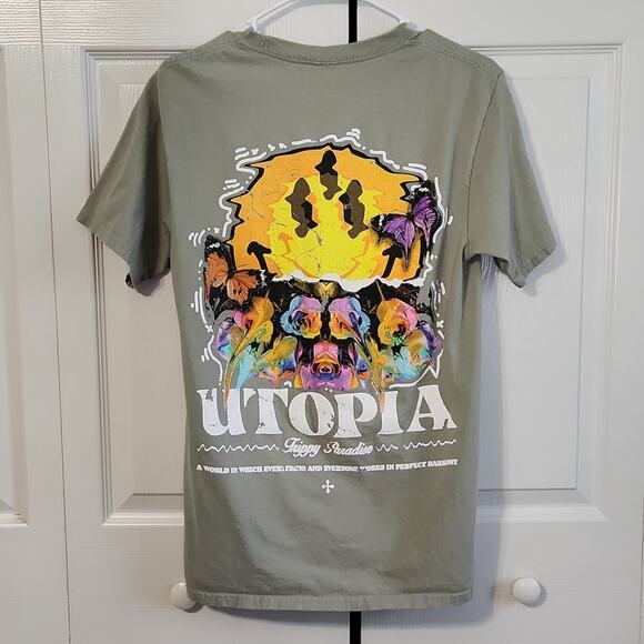 PacSun Los Angeles Men's Grayish Green Short Sleeve Utopia Print T-shirt Size SM - Picture 1 of 7